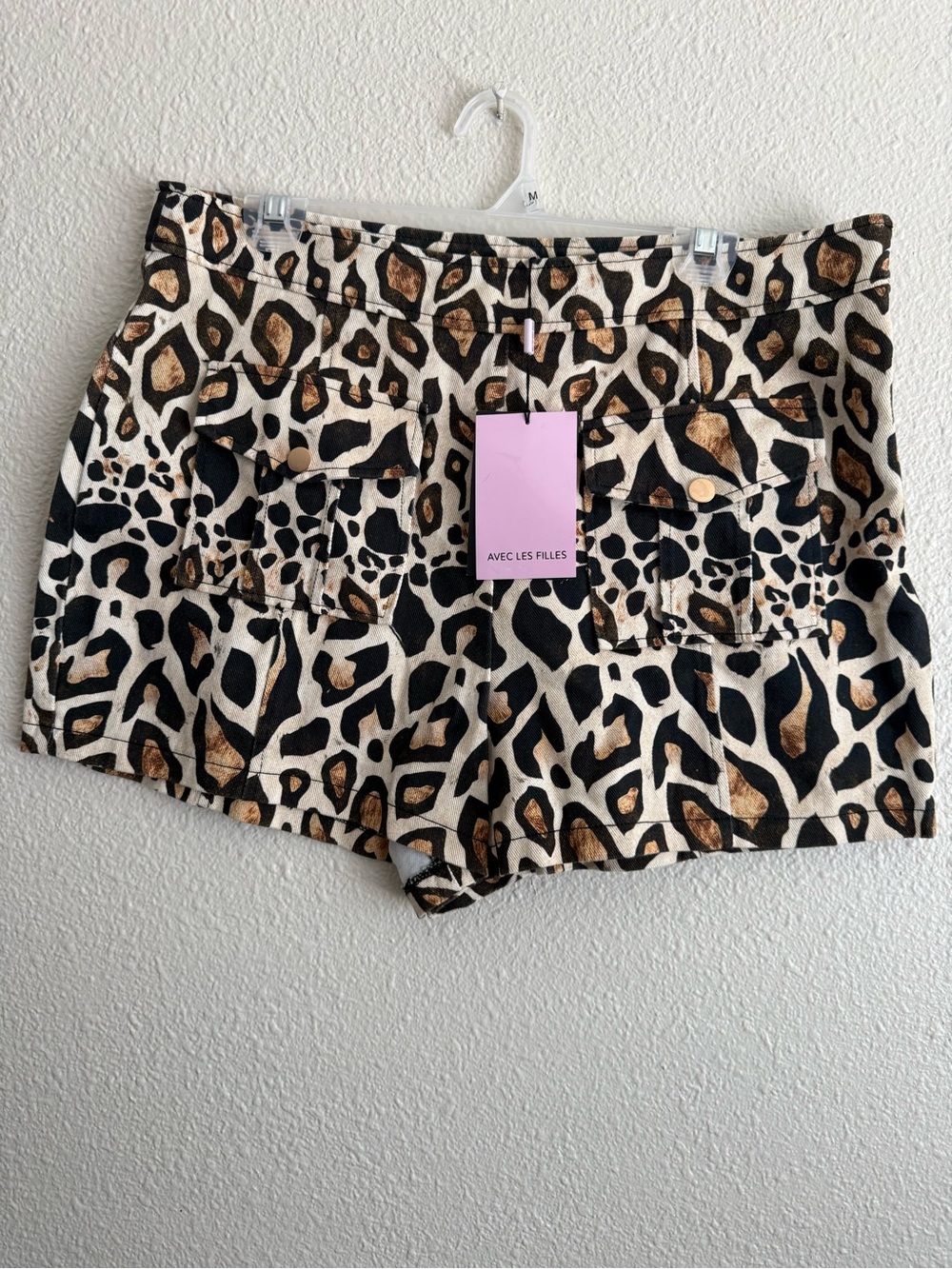Avec Les Filles Leopard Print Cargo Shorts - Black, Cream, Brown